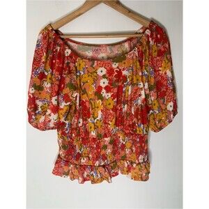 LOFT Red Multi Floral Cotton Puff Sleeve Smocked Waist Blouse S Spring